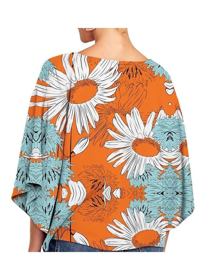 Flared V-Neck Knoted Hem Printed Top Multicolour - Image 3