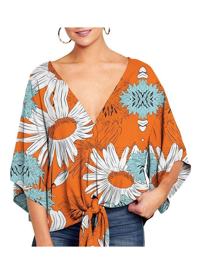 Flared V-Neck Knoted Hem Printed Top Multicolour - Image 1