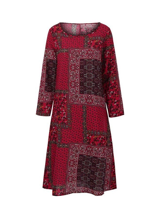 فستان طويل منقوش أحمر/أخضر/أبيض - Image 1