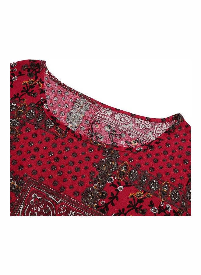 فستان طويل منقوش أحمر/أخضر/أبيض - Image 5