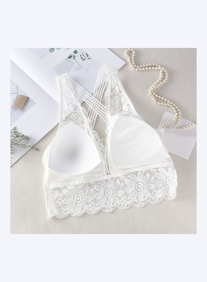 Lace Bralette Wireless Solid Color Push Up Padded Bra White  - Image 2