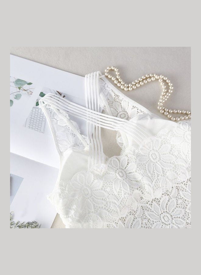 Lace Bralette Wireless Solid Color Push Up Padded Bra White  - Image 3