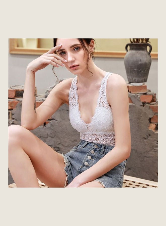 Lace Bralette Wireless Solid Color Push Up Padded Bra White  - Image 4