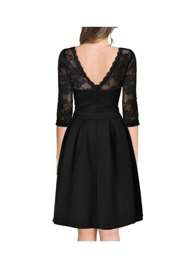 Summer Zipper Ruffle Hem Elegant Sheer Lace Panel Dress Black - Image 2