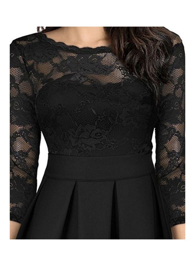 Summer Zipper Ruffle Hem Elegant Sheer Lace Panel Dress Black - Image 3