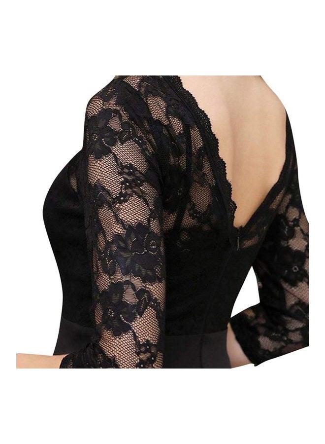 Summer Zipper Ruffle Hem Elegant Sheer Lace Panel Dress Black - Image 5