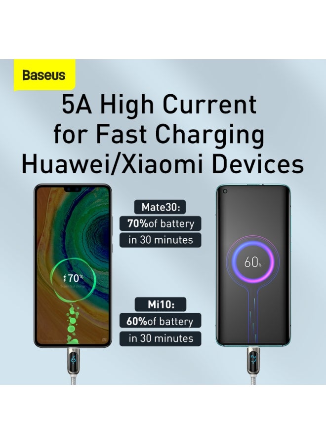 Baseus 40W/5A USB-C Cable, Supercharge Type-C Charger with LED Display, USB A to Type-C Charging Cable Fast Charge for Samsung S20/S10/S9/S8, Huawei P30 Pro, P20 Pro, LG V40 and Other USB C Charger 2M White/Grey - Image 4