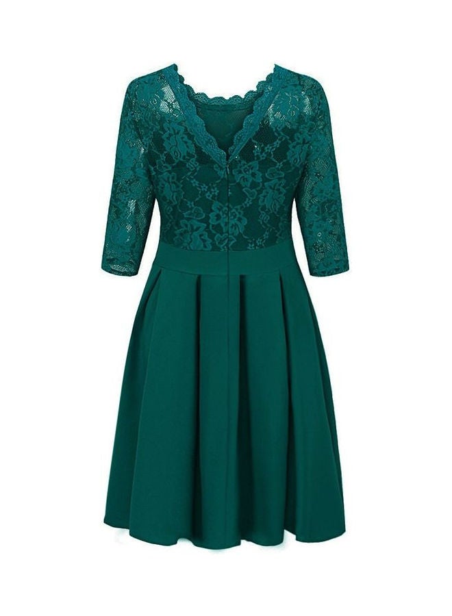 Summer Zipper Ruffle Hem Elegant Sheer Lace Panel Dress Dark Green - Image 2