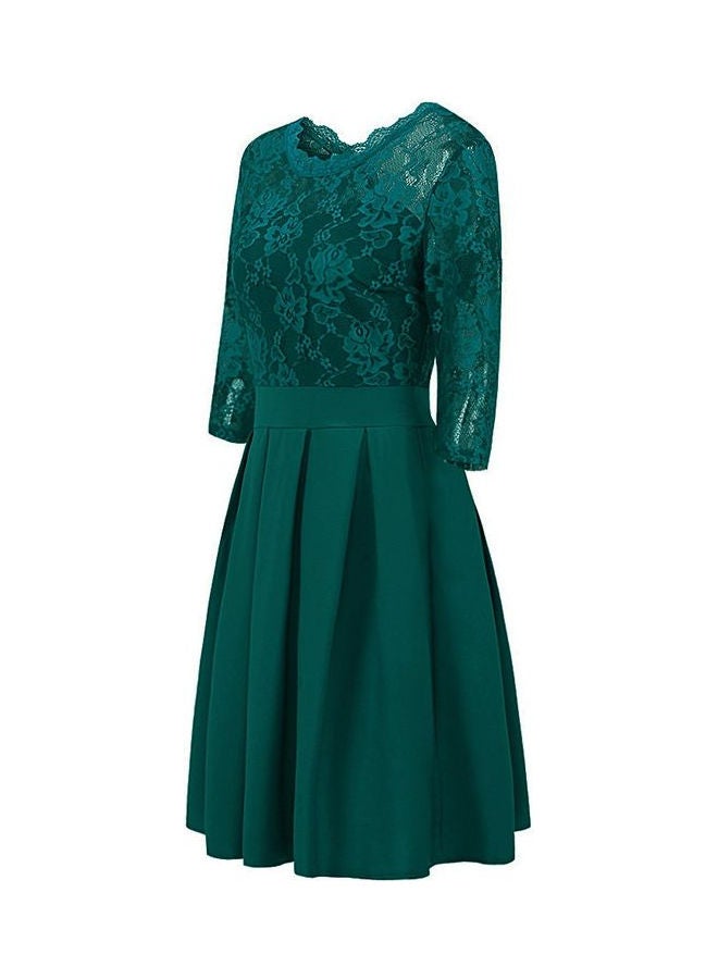 Summer Zipper Ruffle Hem Elegant Sheer Lace Panel Dress Dark Green - Image 4
