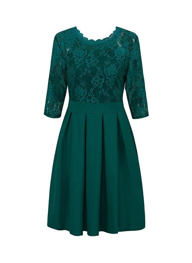 Summer Zipper Ruffle Hem Elegant Sheer Lace Panel Dress Dark Green - Image 5
