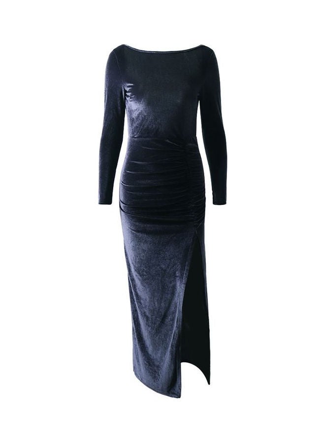 Generic - Velvet Ruched Gathering High Split Open Back Elegant Dress Black - Image 1