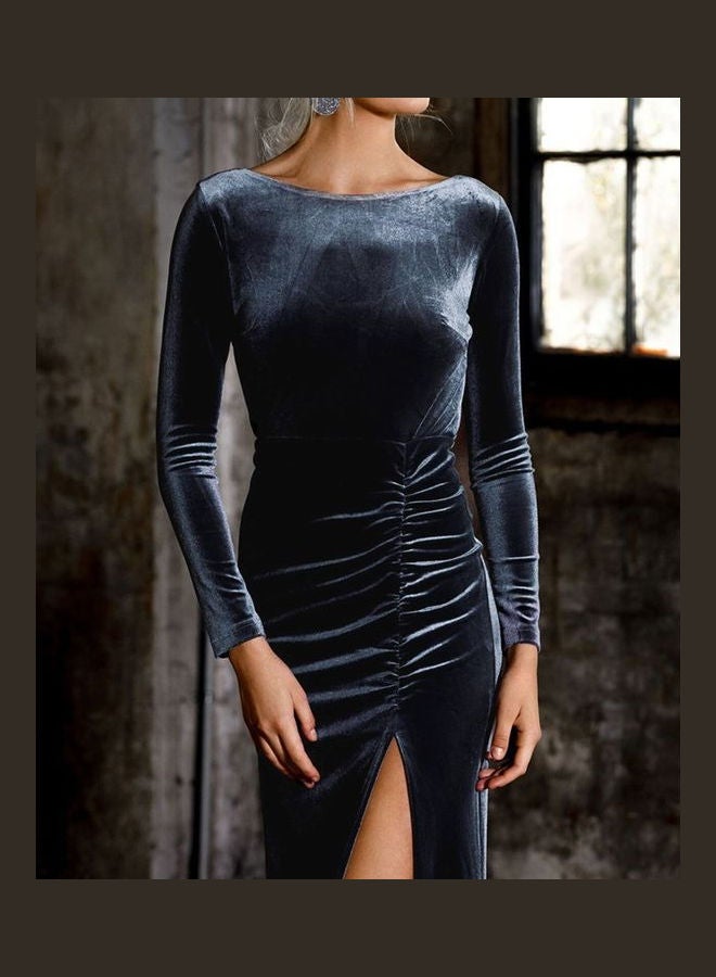Generic - Velvet Ruched Gathering High Split Open Back Elegant Dress Black - Image 1