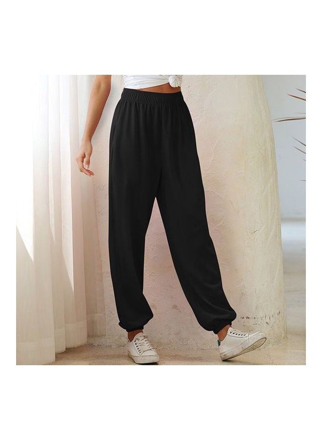 Solid Elastic Waist Pocket Loose Pants Black  - Image 3
