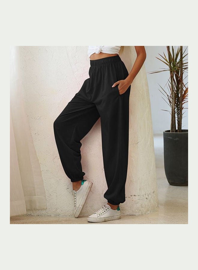 Solid Elastic Waist Pocket Loose Pants Black  - Image 4
