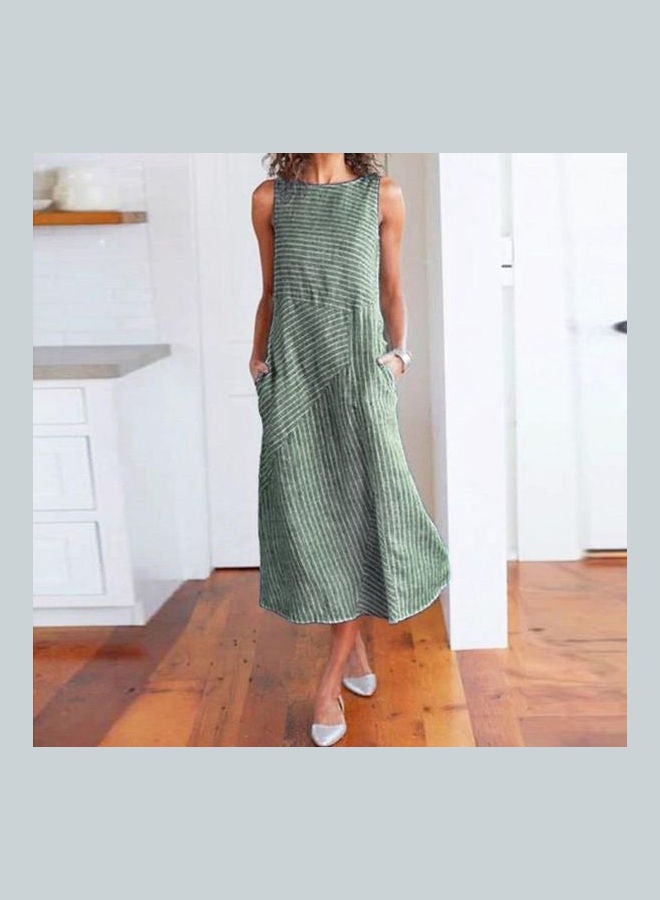 Linen Retro Casual Dress Green  - Image 3