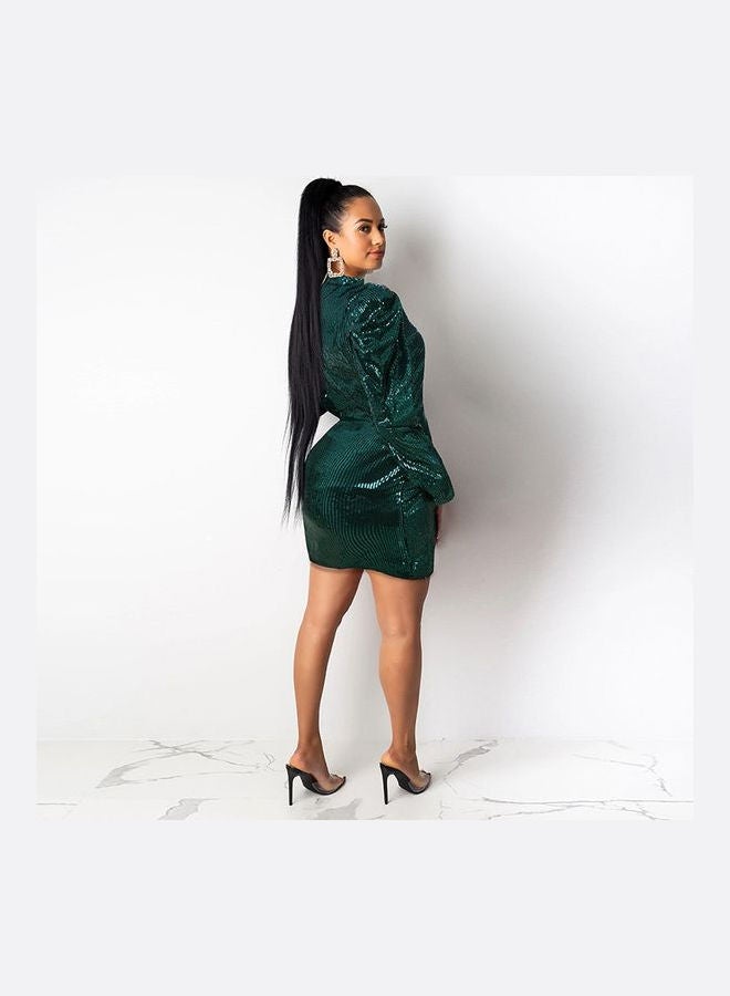 Spring Sequins Long Sleeve Zipper Bodycon Dress Green - Image 2