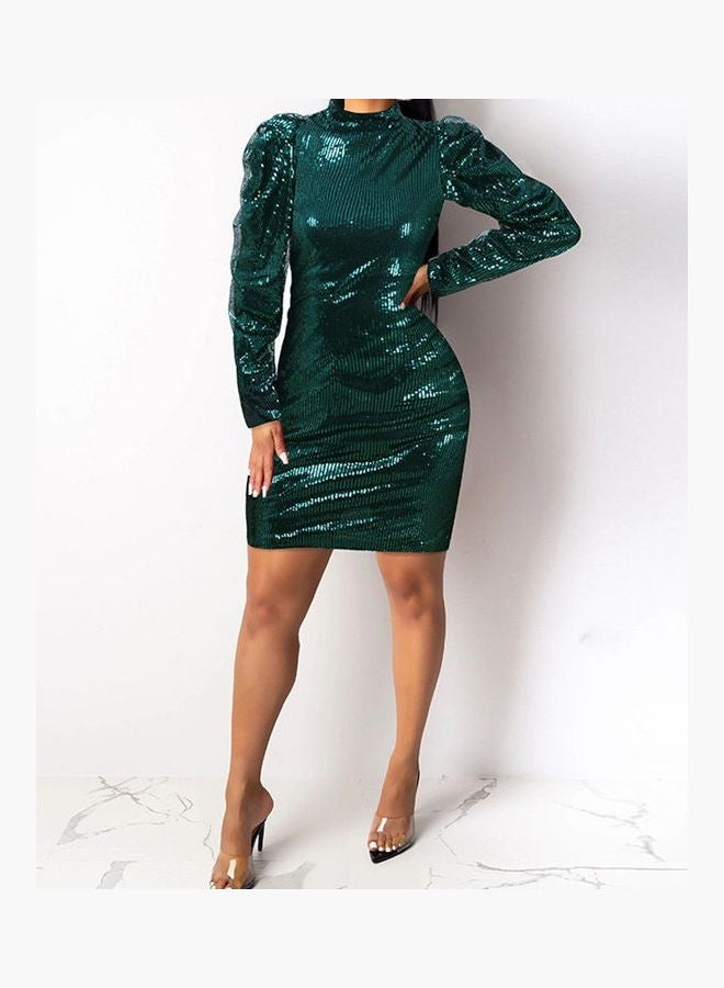 Spring Sequins Long Sleeve Zipper Bodycon Dress Green - Image 3