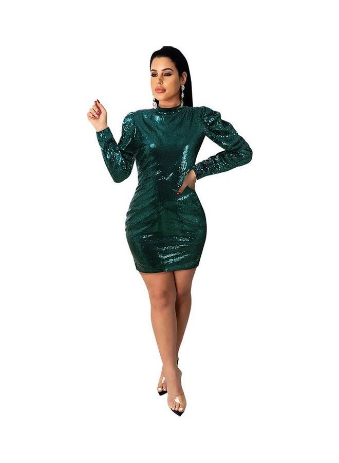 Spring Sequins Long Sleeve Zipper Bodycon Dress Green - Image 5