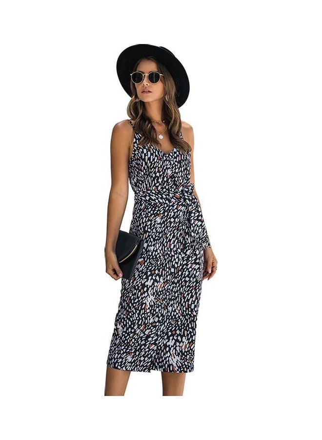 Geometric Print V-Neck Adjustable Spaghetti Strap Backless Dress Multicolour - Image 1
