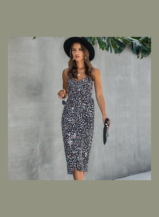 Geometric Print V-Neck Adjustable Spaghetti Strap Backless Dress Multicolour - Image 3