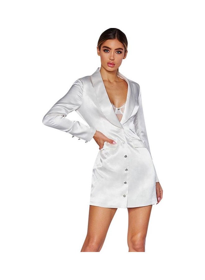 Notched Lapel Plunge Button Detail Blazer Dress White - Image 2