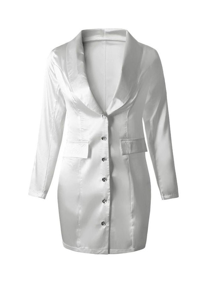 Notched Lapel Plunge Button Detail Blazer Dress White - Image 1