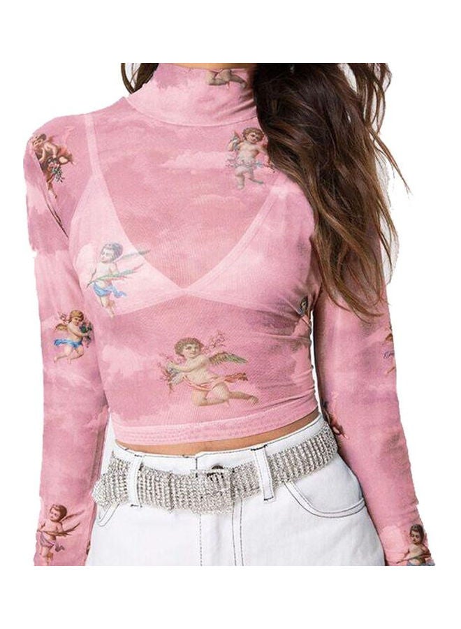 Printed Mesh High Neck Crop Top Pink - Image 2