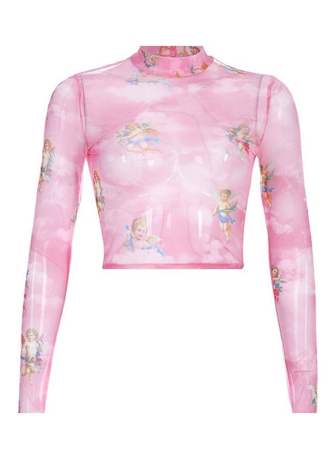Printed Mesh High Neck Crop Top Pink - Image 1