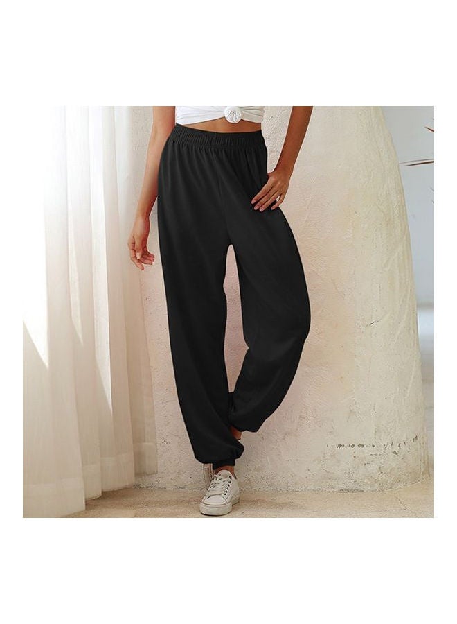 Solid Elastic Waist Pocket Loose Pants Black  - Image 2