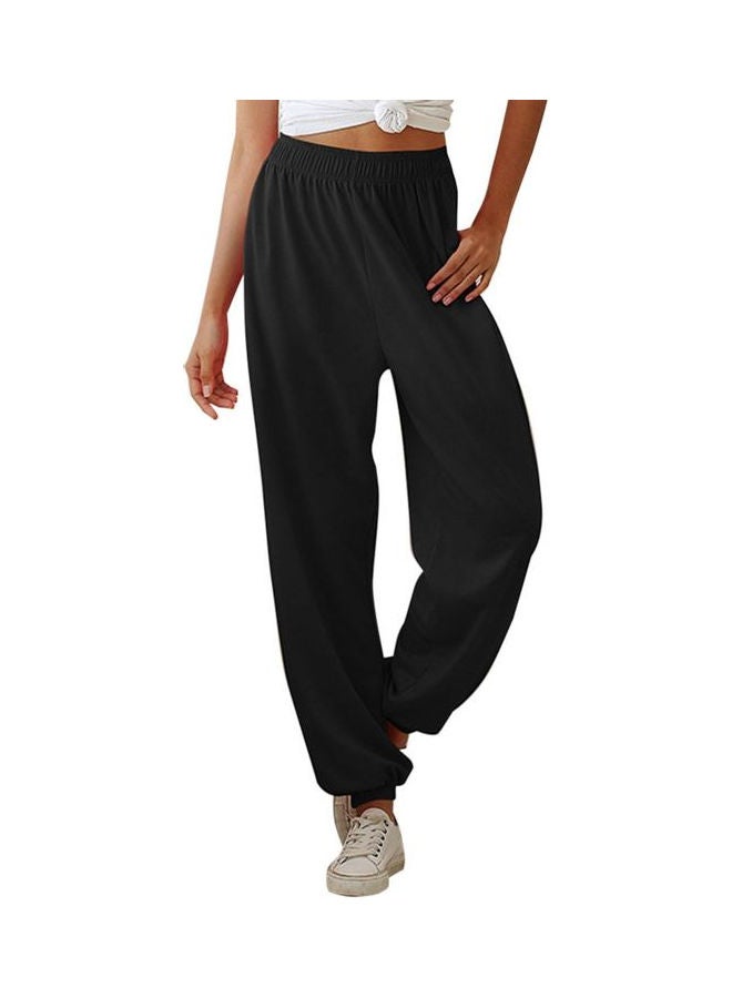 Solid Elastic Waist Pocket Loose Pants Black  - Image 1