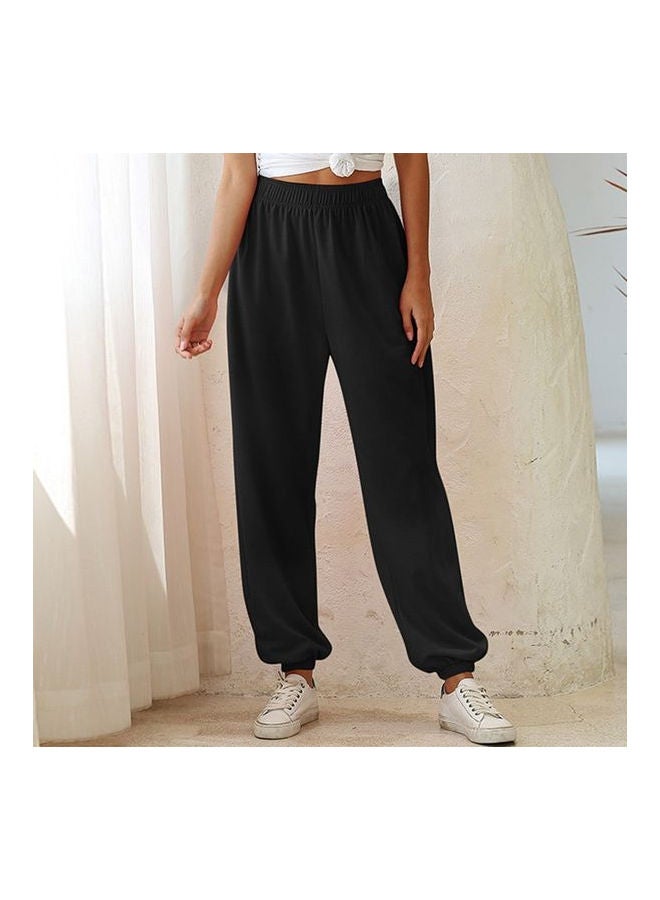 Solid Elastic Waist Pocket Loose Pants Black  - Image 3