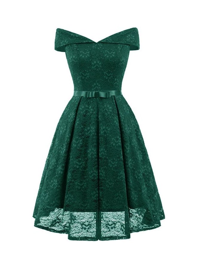 Off Shoulder Bow Pleated Bridesmaid Lace Skater Dress Green  - Image 1