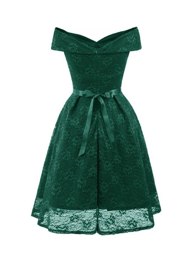 Off Shoulder Bow Pleated Bridesmaid Lace Skater Dress Green  - Image 2
