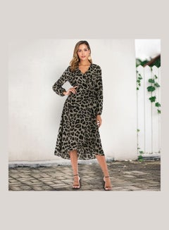 Generic Long Sleeves Wraparound Waist Strap Casual Dress Grey/Black  - Image 1