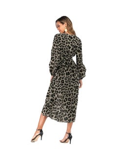 Generic Long Sleeves Wraparound Waist Strap Casual Dress Grey/Black  - Image 2