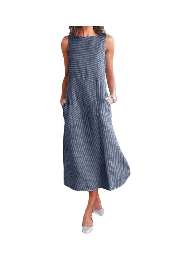 Striped Retro Print Sleeveless Dress Dark Blue - Image 3