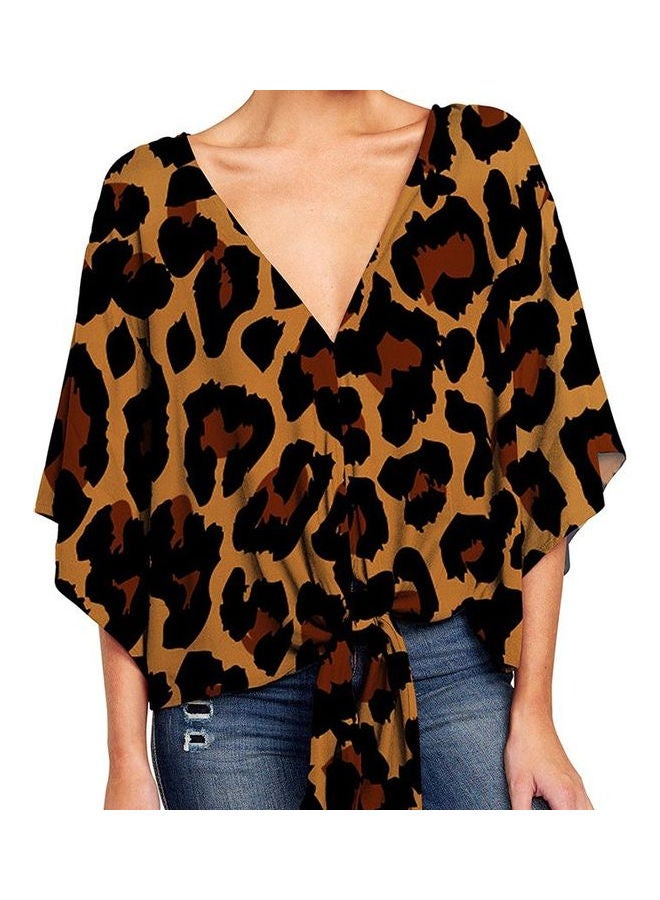 Leopard Printed V-Neck Flared Knotted Top Brown/Black  - Image 2