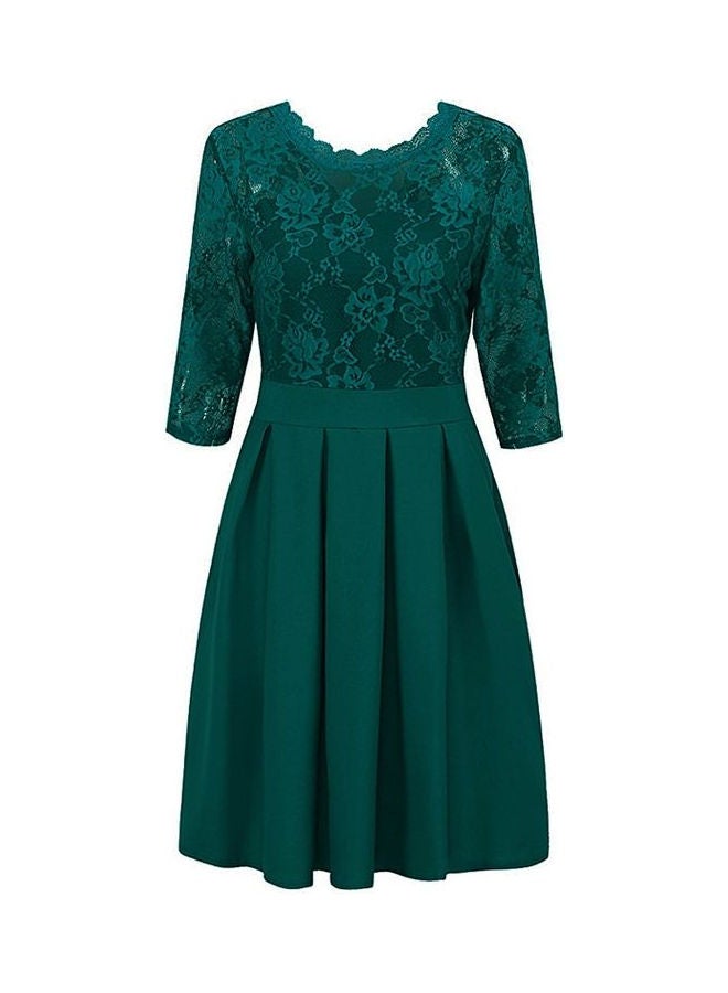 Summer Zipper Ruffle Hem Elegant Sheer Lace Panel Dress Dark Green - Image 2