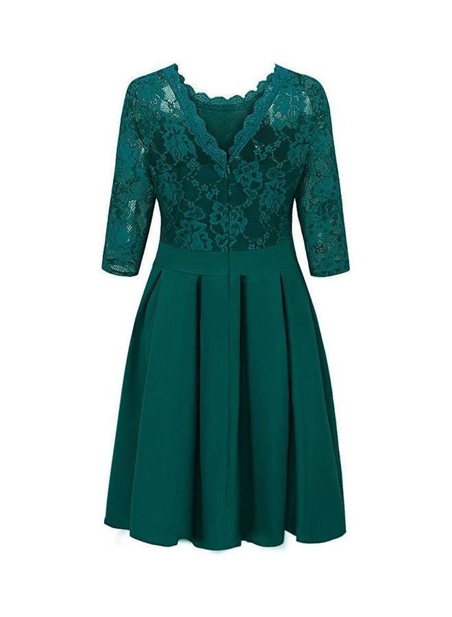 Summer Zipper Ruffle Hem Elegant Sheer Lace Panel Dress Dark Green - Image 3