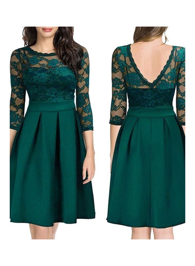 Summer Zipper Ruffle Hem Elegant Sheer Lace Panel Dress Dark Green - Image 4