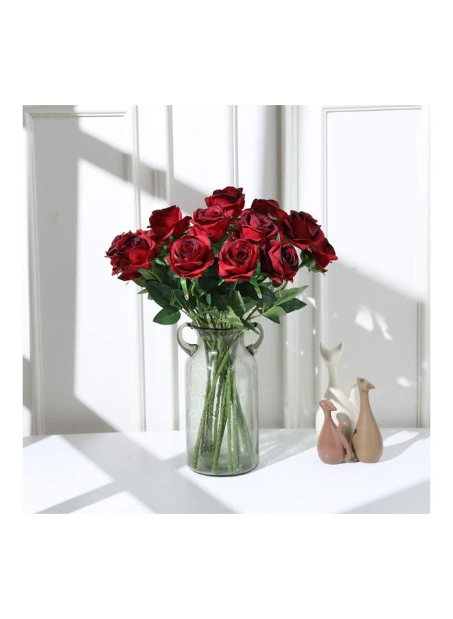 XiuWoo - 12 Pieces Red Artificial Roses Silk Bridal Wedding Bouquet Realistic Flower Red/Green - Image 1