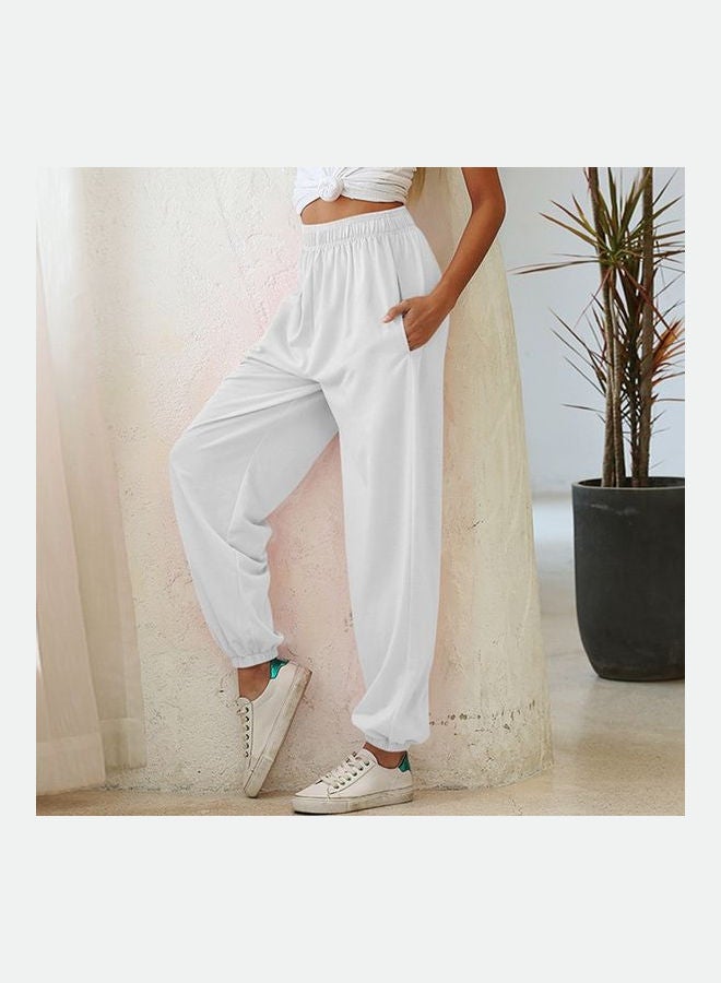 Solid Elastic Waist Pocket Loose Pants White  - Image 2