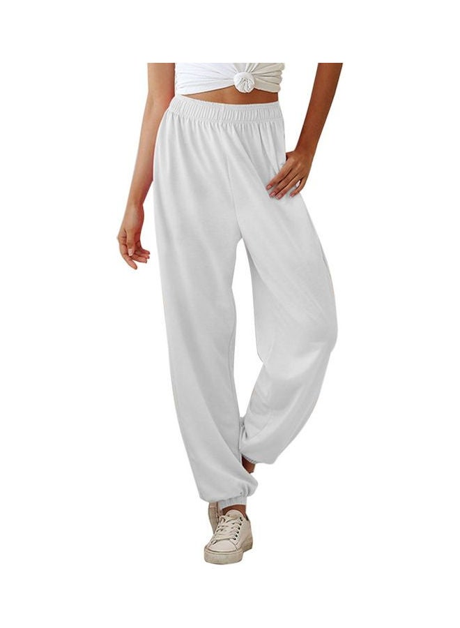 Solid Elastic Waist Pocket Loose Pants White  - Image 1