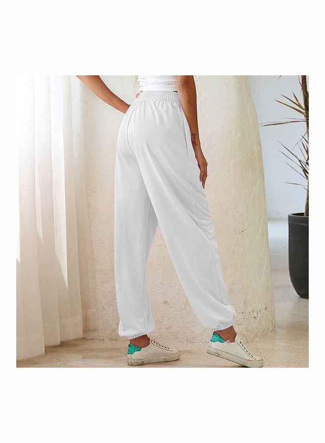 Solid Elastic Waist Pocket Loose Pants White  - Image 4