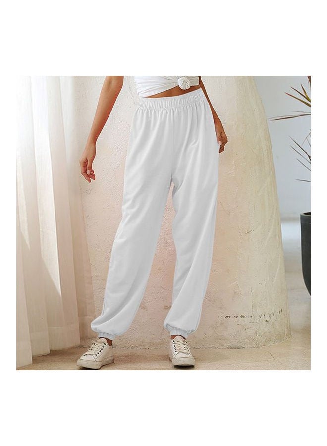 Solid Elastic Waist Pocket Loose Pants White  - Image 3