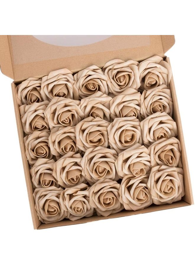XiuWoo 25-Piece Artificial Roses Flower Real Touch Beige  - Image 1