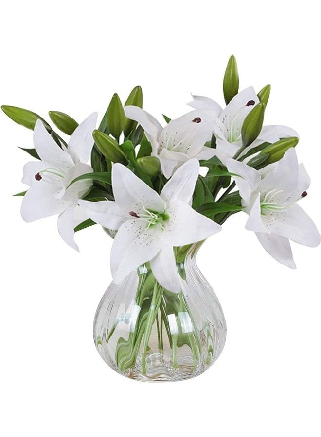 XiuWoo - 5 Pcs Artificial Lily with 3 Buds Full Bloom Real Touch Latex Flowers White - Image 1