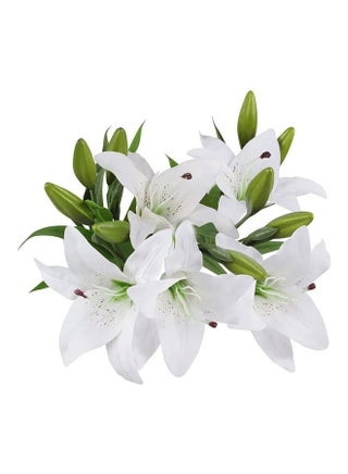 5 Pcs Artificial Lily with 3 Buds Full Bloom Real Touch Latex Flowers White - view 2