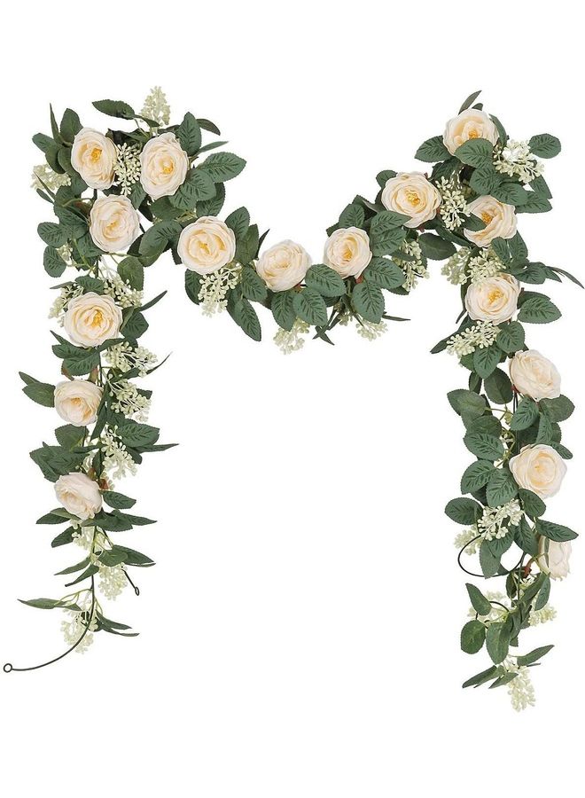 XiuWoo 2-Piece Artificial Rose Vine Garland Beige/Green  - Image 1