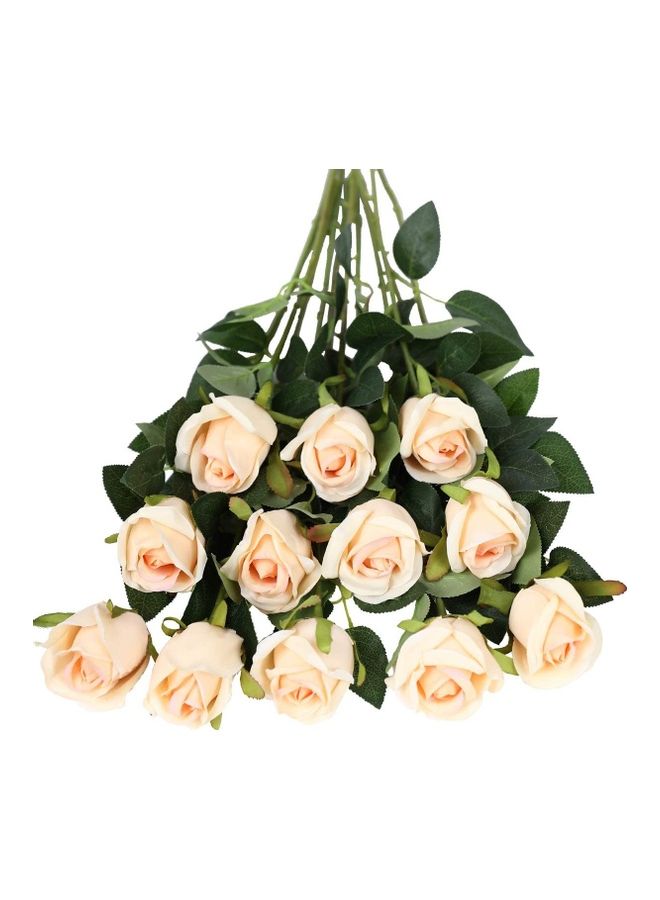 XiuWoo 12-Piece Artificial Roses Silk Bridal Wedding Bouquet Realistic Flower Pink/Green - Image 1